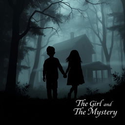 A shadowy silhouette of a 16-year-old boy and a 12-year-old girl holding hands, set against a mystic forest backdrop with a haunted wooden house looming in the distance
