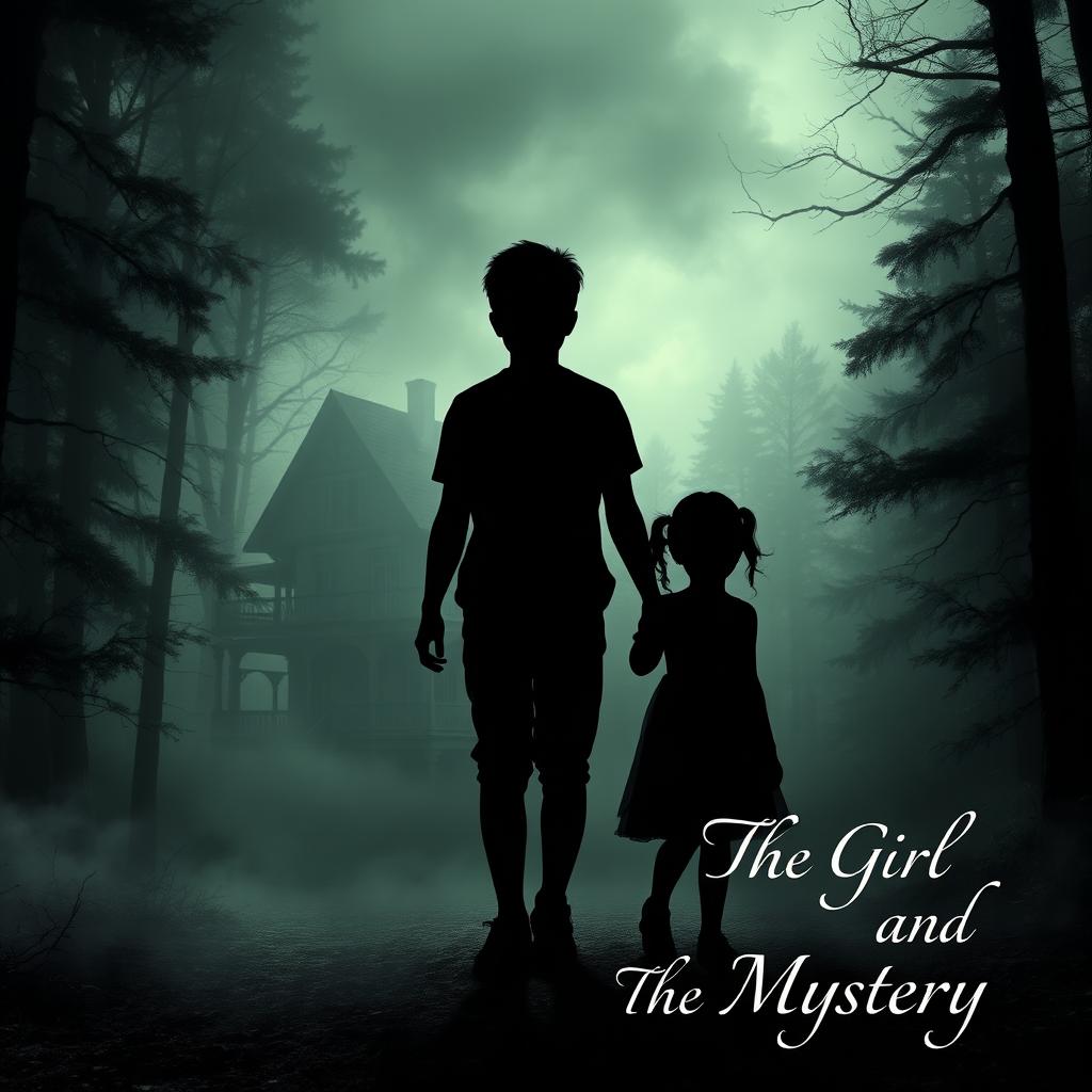 A shadowy silhouette of a 16-year-old boy and a 12-year-old girl holding hands, set against a mystic forest backdrop with a haunted wooden house looming in the distance