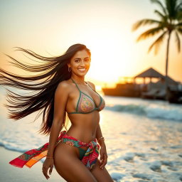 A stunning Indian woman confidently posing by the beach in a stylish bikini, with flowing long black hair cascading over her shoulders