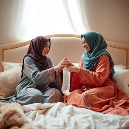 A dreamy scene featuring two beautiful hijab-wearing women playfully battling it out in bed
