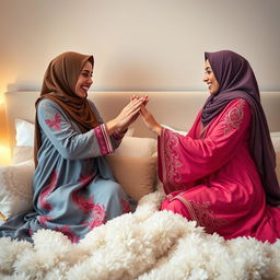 A dreamy scene featuring two beautiful hijab-wearing women playfully battling it out in bed