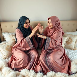 A dreamy scene featuring two beautiful hijab-wearing women playfully battling it out in bed