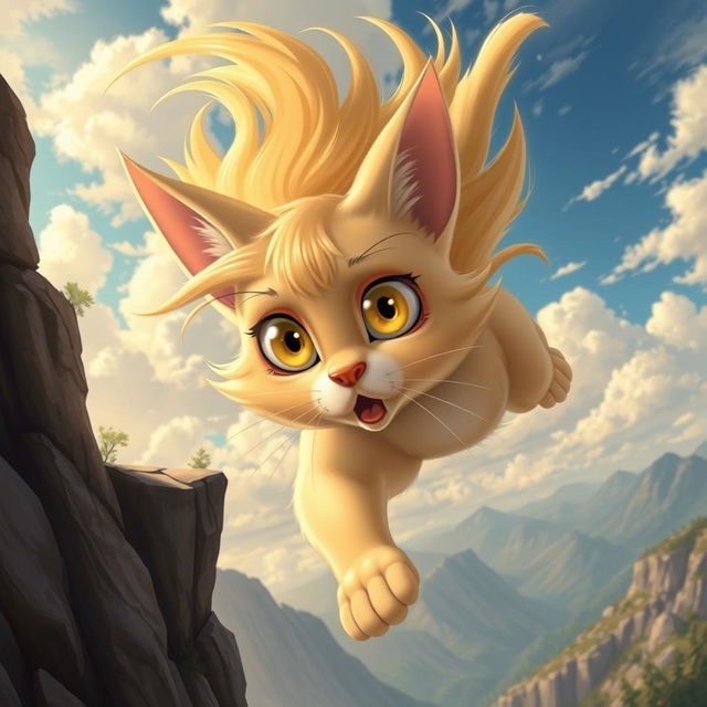 A beautiful blonde anthro toon cat woman with large expressive eyes and delicate features, mid-fall off a cliff