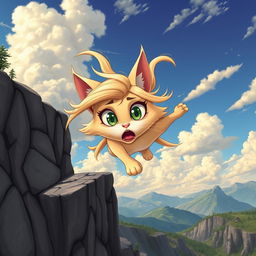 A beautiful blonde anthro toon cat woman with large expressive eyes and delicate features, mid-fall off a cliff