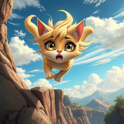 A beautiful blonde anthro toon cat woman with large expressive eyes and delicate features, mid-fall off a cliff