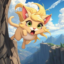 A beautiful blonde anthro toon cat woman with large expressive eyes and delicate features, mid-fall off a cliff