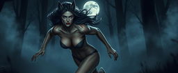 A dramatic digital painting of a female werewolf running through a fog-laden forest at night