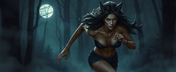 A dramatic digital painting of a female werewolf running through a fog-laden forest at night