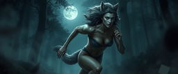 A dramatic digital painting of a female werewolf running through a fog-laden forest at night