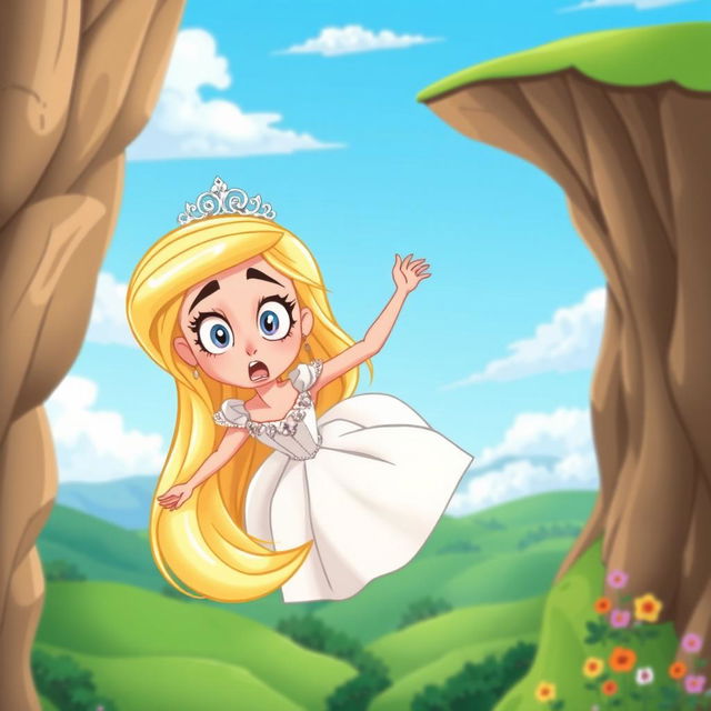 A beautiful blonde toon princess wearing an elegant gown and a sparkling tiara, her long hair flowing dramatically as she is depicted falling off a cliff