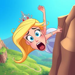 A beautiful blonde toon princess wearing an elegant gown and a sparkling tiara, her long hair flowing dramatically as she is depicted falling off a cliff