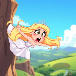 A beautiful blonde toon princess wearing an elegant gown and a sparkling tiara, her long hair flowing dramatically as she is depicted falling off a cliff