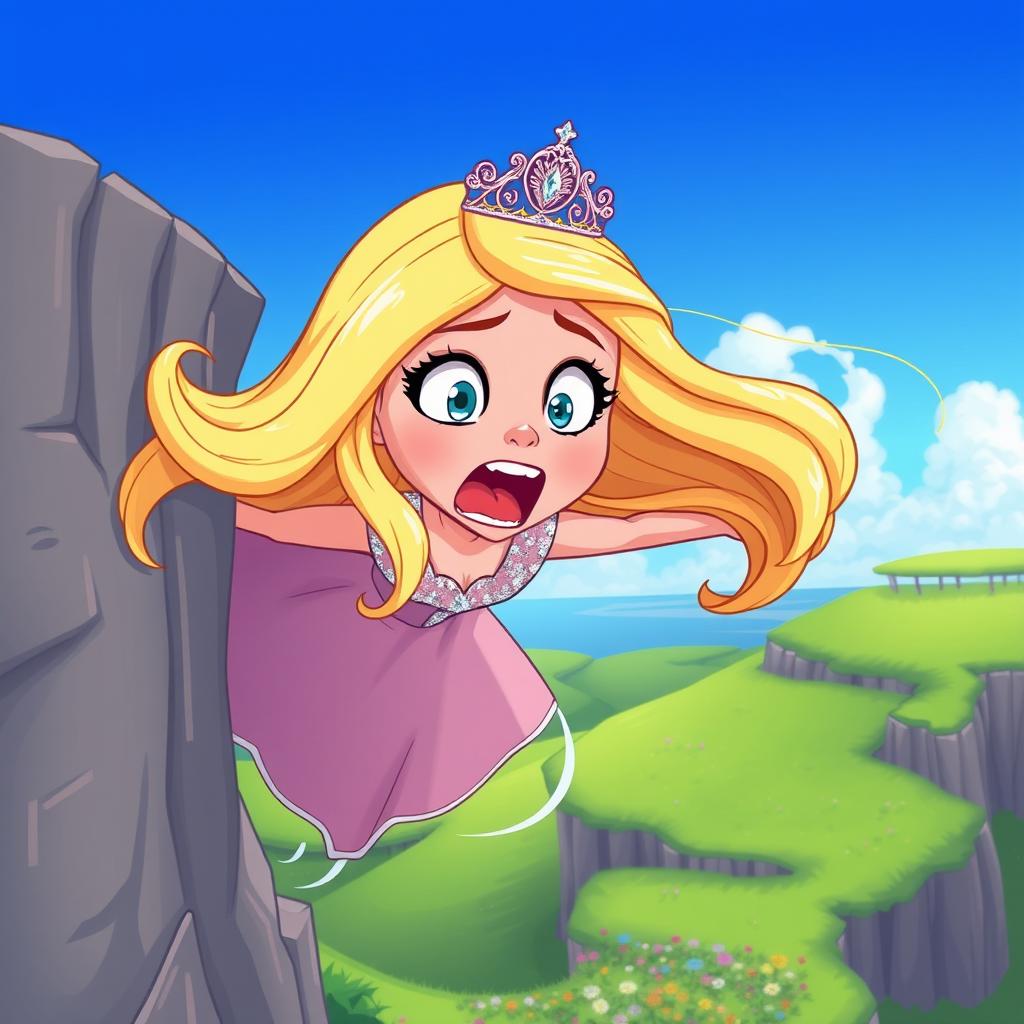 A beautiful blonde toon princess wearing an elegant gown and a sparkling tiara, her long hair flowing dramatically as she is depicted falling off a cliff