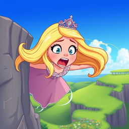 A beautiful blonde toon princess wearing an elegant gown and a sparkling tiara, her long hair flowing dramatically as she is depicted falling off a cliff