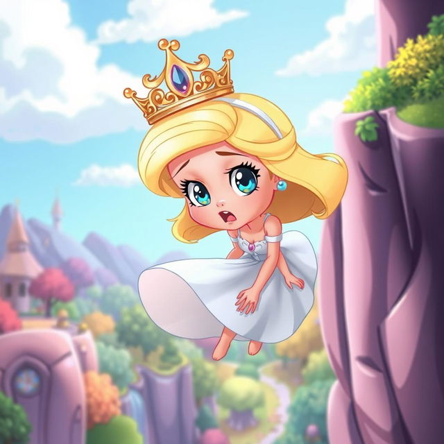 A beautiful blonde cartoon princess with a tiara, depicted in a vibrant and whimsical style, showing a scared expression as she falls from a cliff