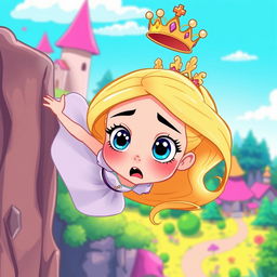 A beautiful blonde cartoon princess with a tiara, depicted in a vibrant and whimsical style, showing a scared expression as she falls from a cliff
