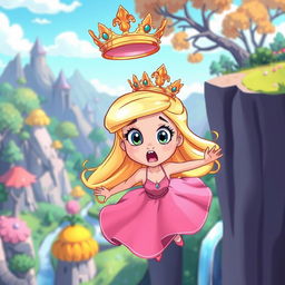 A beautiful blonde cartoon princess with a tiara, depicted in a vibrant and whimsical style, showing a scared expression as she falls from a cliff
