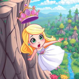 A beautiful blonde cartoon princess with a tiara, depicted in a vibrant and whimsical style, showing a scared expression as she falls from a cliff