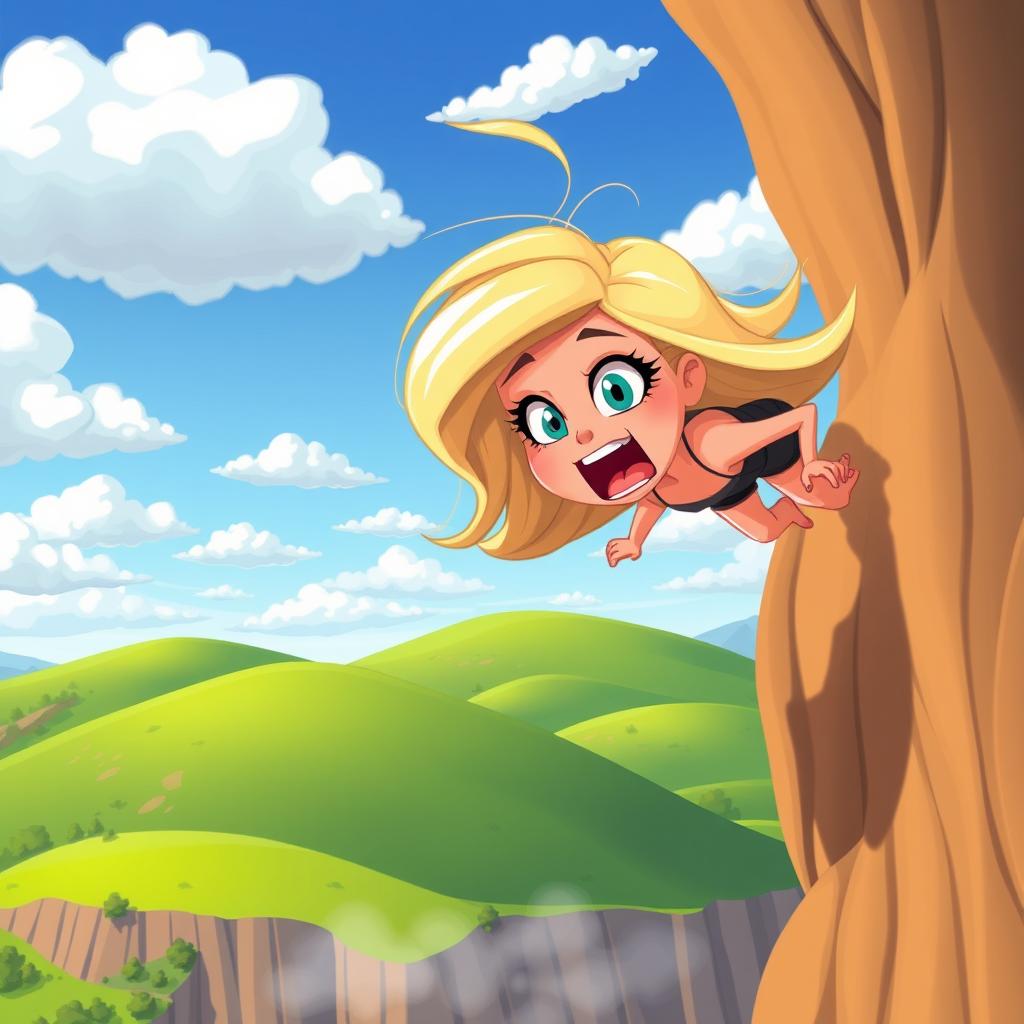 A beautiful blonde cartoon woman with exaggerated features, such as large expressive eyes and a playful style, falling off a cliff