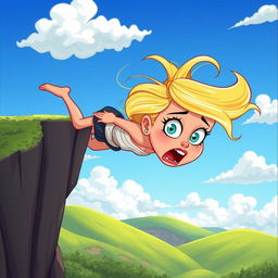 A beautiful blonde cartoon woman with exaggerated features, such as large expressive eyes and a playful style, falling off a cliff
