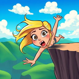 A beautiful blonde cartoon woman with exaggerated features, such as large expressive eyes and a playful style, falling off a cliff