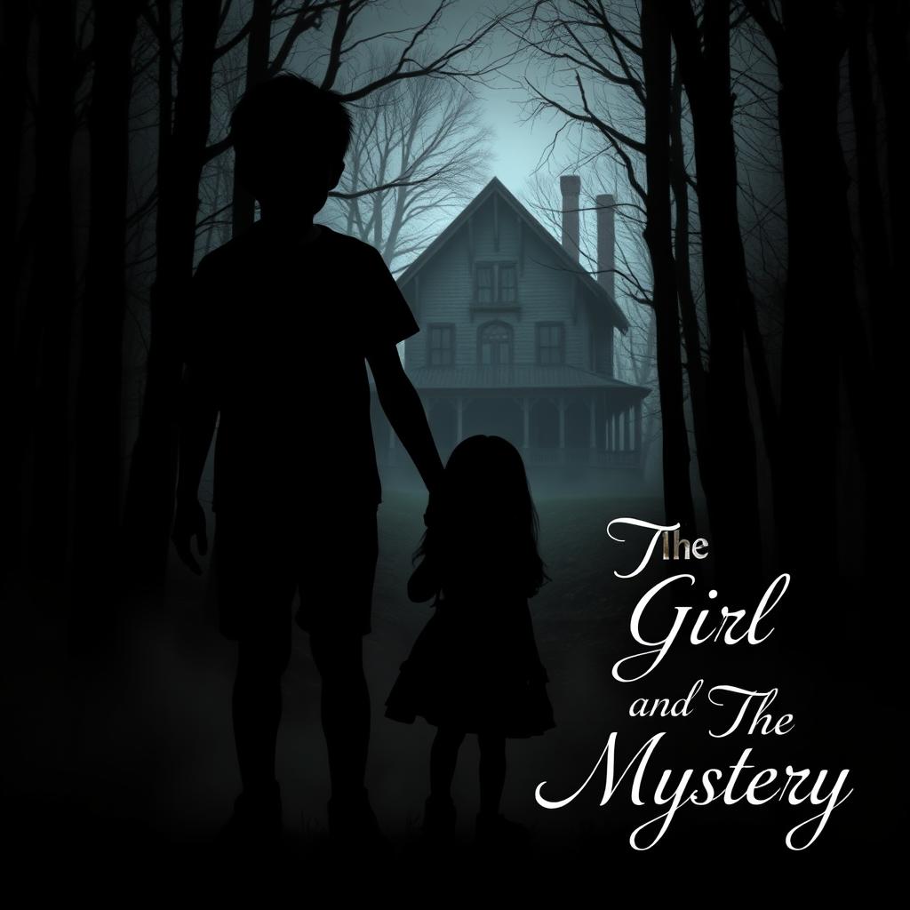 A shadowy silhouette of a boy around 16 years old and a girl approximately 12 years old holding hands, set against a dark, eerie forest backdrop