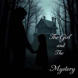 A shadowy silhouette of a boy around 16 years old and a girl approximately 12 years old holding hands, set against a dark, eerie forest backdrop