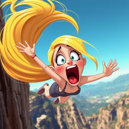 A beautiful blonde toon woman with exaggerated cartoon features, showcasing large expressive eyes and an open mouth in a scared expression as she falls off a cliff