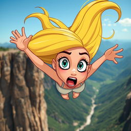 A beautiful blonde toon woman with exaggerated cartoon features, showcasing large expressive eyes and an open mouth in a scared expression as she falls off a cliff