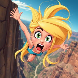 A beautiful blonde toon woman with exaggerated cartoon features, showcasing large expressive eyes and an open mouth in a scared expression as she falls off a cliff