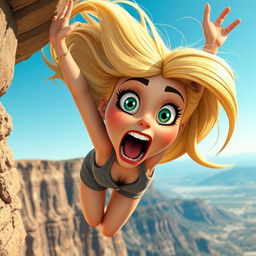 A beautiful blonde toon woman with exaggerated cartoon features, showcasing large expressive eyes and an open mouth in a scared expression as she falls off a cliff