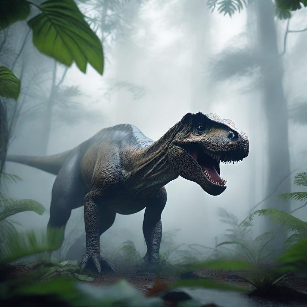 An image showcasing a realistic T-Rex dinosaur in a foggy jungle