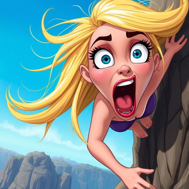 A beautiful blonde cartoon woman with exaggerated features and large expressive eyes, falling off a cliff