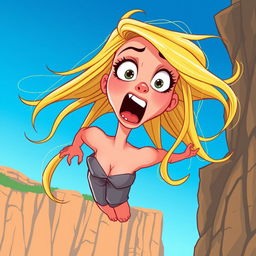 A beautiful blonde cartoon woman with exaggerated features and large expressive eyes, falling off a cliff