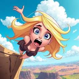 A stunning blonde cartoon woman, with large expressive eyes, dramatically falling off a cliff, showcasing a vivid and scared expression on her face