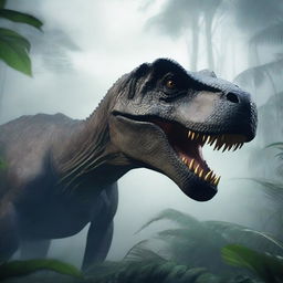 An image showcasing a realistic T-Rex dinosaur in a foggy jungle