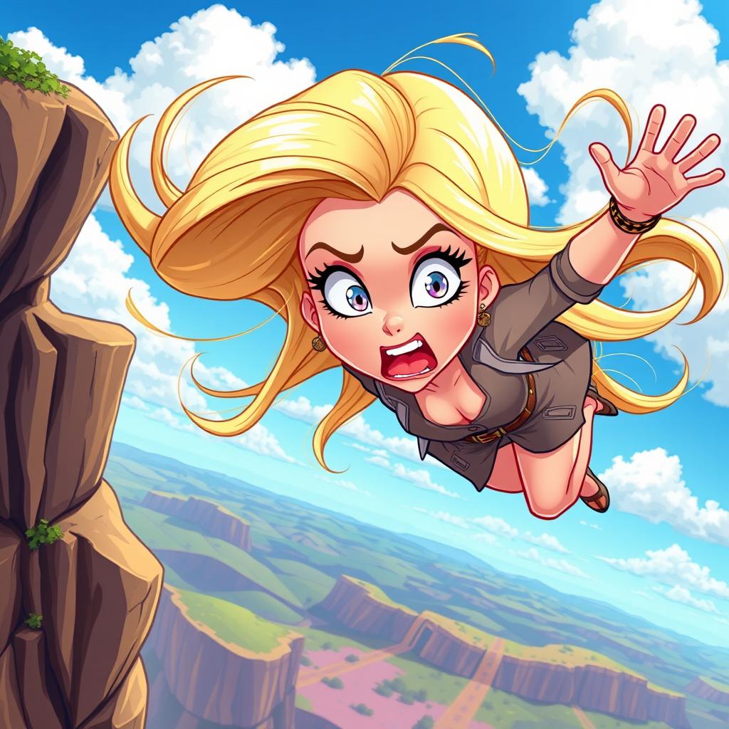 A stunning blonde cartoon woman, with large expressive eyes, dramatically falling off a cliff, showcasing a vivid and scared expression on her face