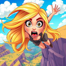 A stunning blonde cartoon woman, with large expressive eyes, dramatically falling off a cliff, showcasing a vivid and scared expression on her face