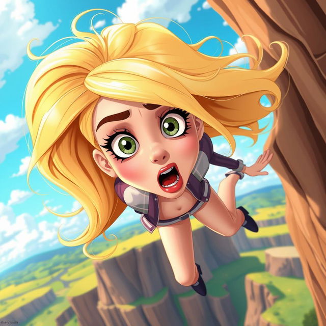 A stunning blonde cartoon woman, with large expressive eyes, dramatically falling off a cliff, showcasing a vivid and scared expression on her face