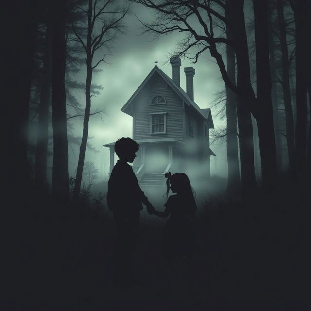 A dark, atmospheric scene featuring two silhouettes of children holding hands in the foreground, with a haunted, Victorian-style house nestled in a foggy forest background