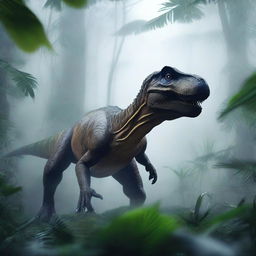 An image showcasing a realistic T-Rex dinosaur in a foggy jungle