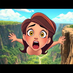 A beautiful cartoon woman with exaggerated features, large expressive eyes, and vibrant hair, is depicted in mid-fall from a cliff