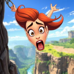 A beautiful cartoon woman with exaggerated features, large expressive eyes, and vibrant hair, is depicted in mid-fall from a cliff