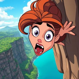 A beautiful cartoon woman with exaggerated features, large expressive eyes, and vibrant hair, is depicted in mid-fall from a cliff