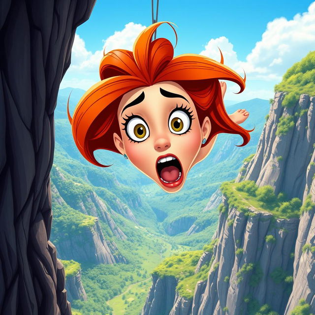 A beautiful cartoon woman with exaggerated features, large expressive eyes, and vibrant hair, is depicted in mid-fall from a cliff