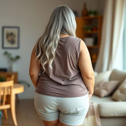 A plus-size Indian mature housewife with long grey hair, shown from behind in a casual and relaxed pose