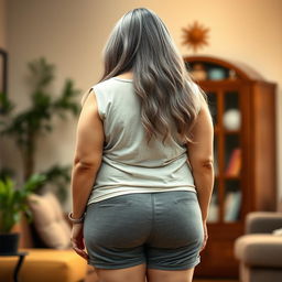 A plus-size Indian mature housewife with long grey hair, shown from behind in a casual and relaxed pose