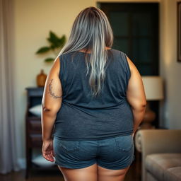 A plus-size Indian mature housewife with long grey hair, shown from behind in a casual and relaxed pose