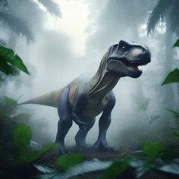 An image showcasing a realistic T-Rex dinosaur in a foggy jungle