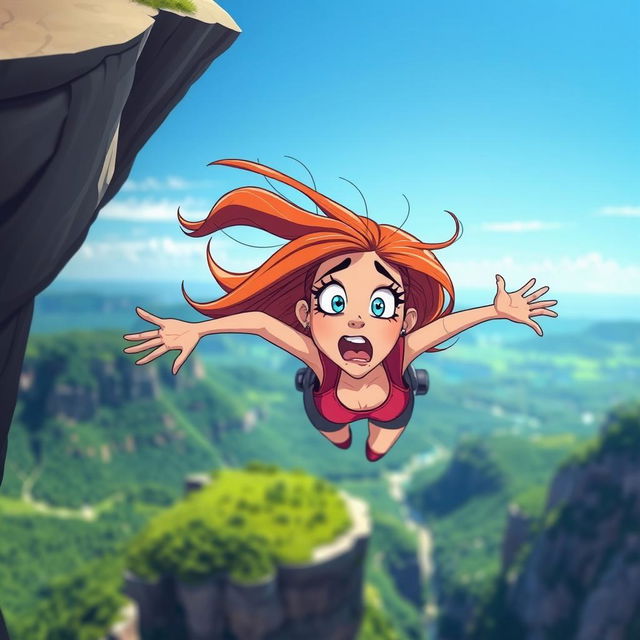 A beautifully designed cartoon woman with bright, vibrant colors and exaggerated features, depicting a scared expression as she falls off a cliff